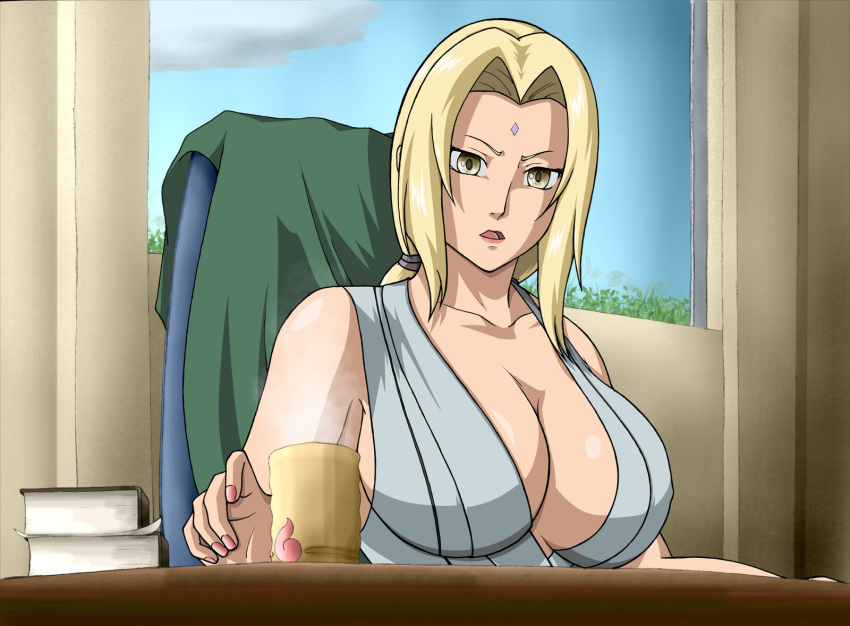 blonde_hair book breasts chair cleavage clouds cup desk female hair_ribbon huge_breasts jacket lipstick nail_polish naruto open_mouth ribbon sitting solo tsunade twintails window yellow_eyes