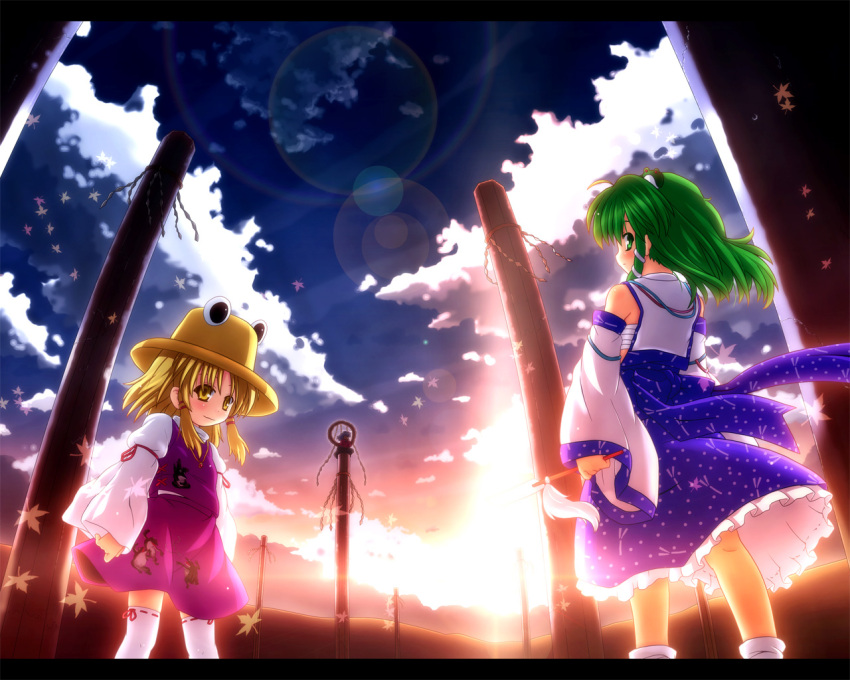 backlighting blonde_hair detached_sleeves etogami_kazuya gohei green_eyes green_hair hat kochiya_sanae leaf lens_flare letterboxed looking_back moriya_suwako multiple_girls onbashira sarashi scenery shimenawa skirt sky standing sunlight sunset thighhighs touhou wallpaper yasaka_kanako yellow_eyes