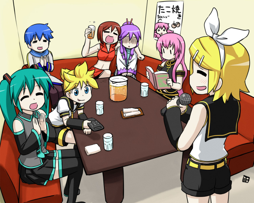 =_= blush book cameo controller drunk hatsune_miku kagamine_len kagamine_rin kaito kamui_gakupo karaoke megurine_luka meiko microphone nagian remote_control takoluka takoluka_(cameo) thighhighs tongue vocaloid |_|