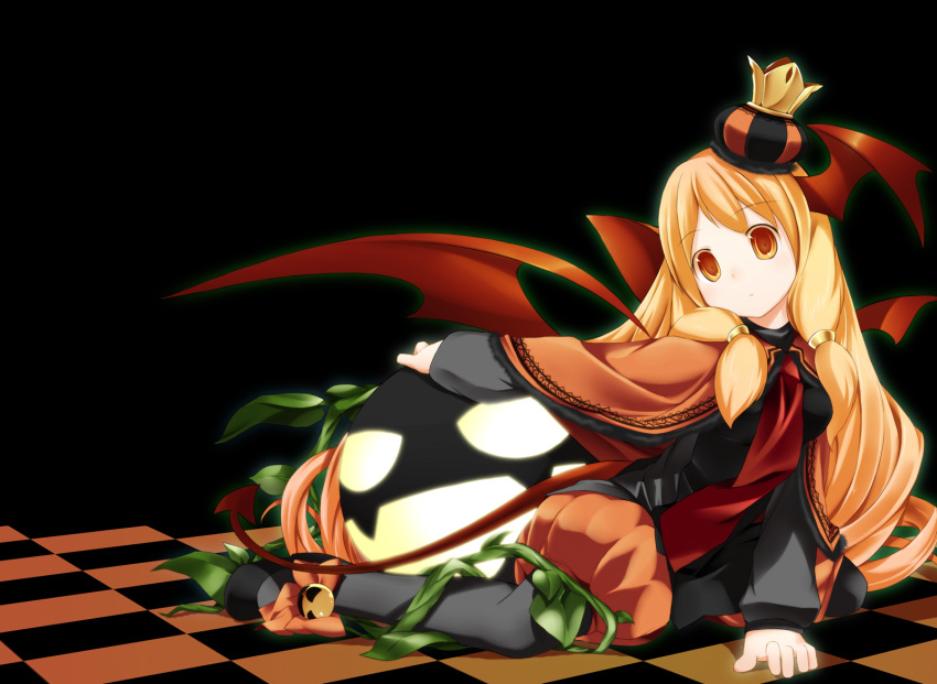 bad_id blonde_hair crown demon_tail highres long_hair orange_hair pantyhose pumpkin shiratama_dango tail wings