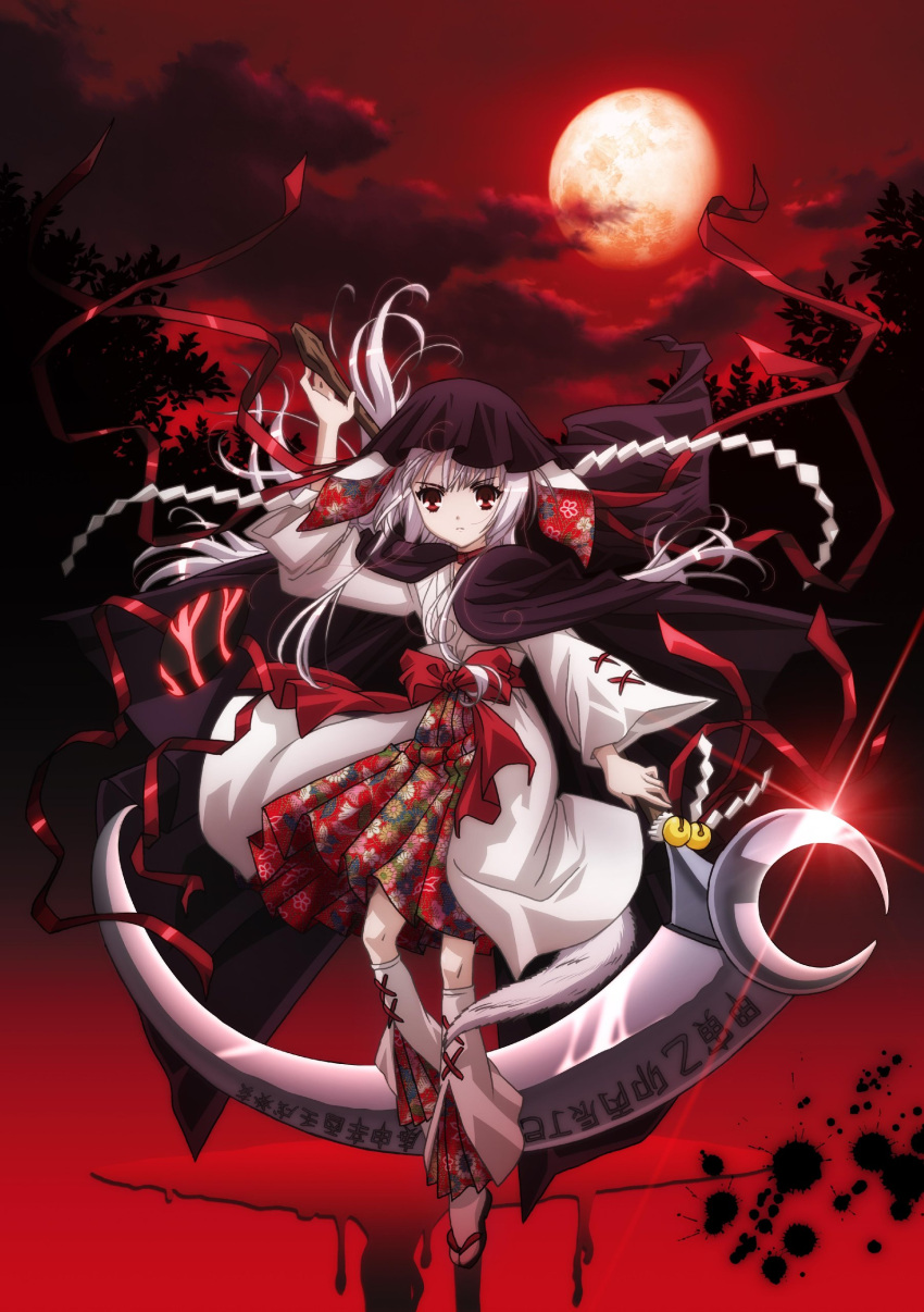 absurdres bell blood bow cape cloud highres hood huge_weapon japanese_clothes kushinada_nemuru long_hair moon night official_art ookami_kakushi ookamikakushi red_eyes red_sky ribbon sandals scythe silver_hair solo watanabe_atsuko weapon