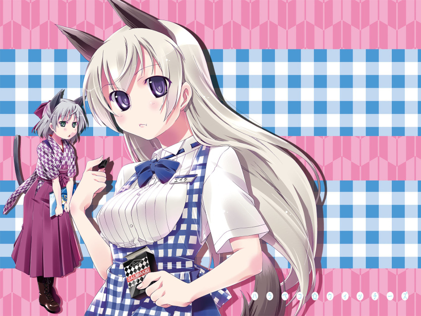 2girls :&lt; animal_ears blue_eyes boots candy cat_ears eating eila_ilmatar_juutilainen fazer green_eyes highres imu_sanjo japanese_clothes long_hair multiple_girls product_placement salmiakki sanya_v_litvyak short_hair silver_hair strike_witches tail