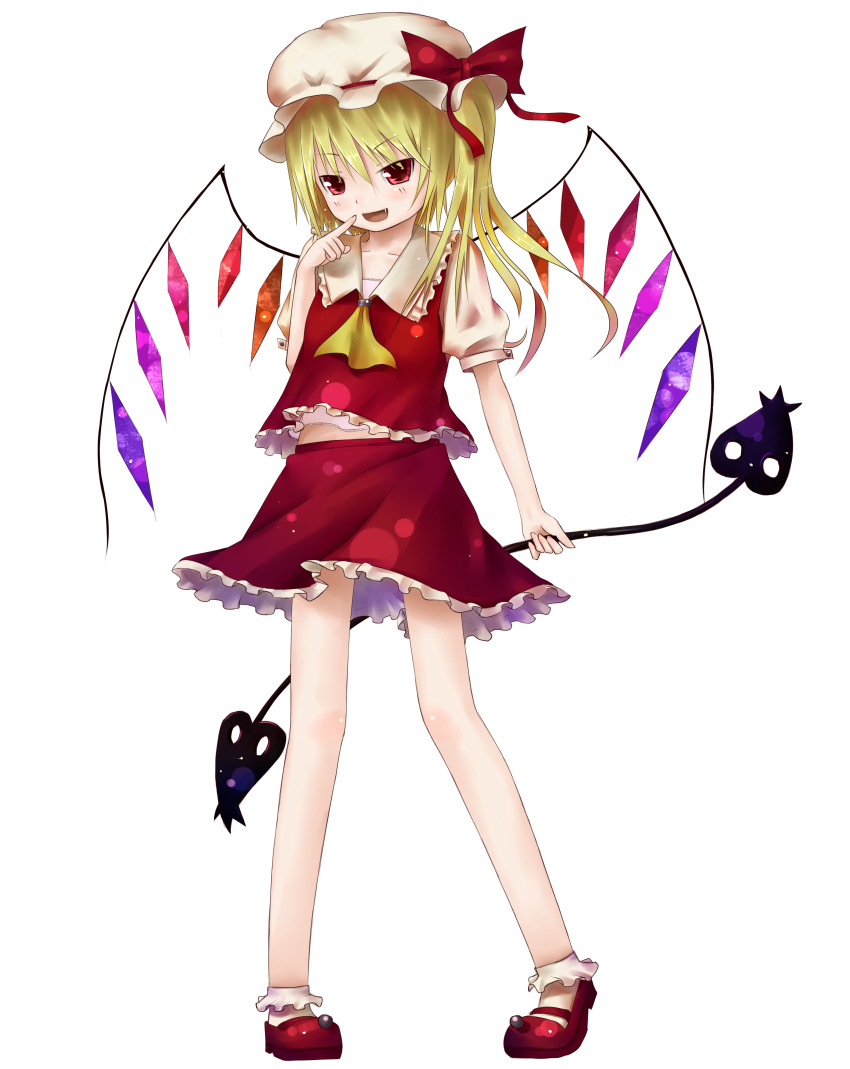blonde_hair bobby_socks bow evil_smile fang finger_to_mouth flandre_scarlet gessuiyuu hat highres laevatein mary_janes red_eyes shoes short_hair side_ponytail smile socks solo touhou transparent_background tsukumizu_yuu wings