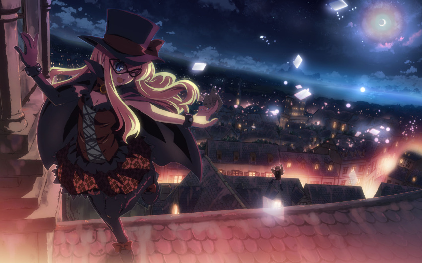 blonde_hair blue_eyes bow bracelet cape card cityscape cloud corset dj_max dj_max_portable falling_card floating_card flying_paper frills gloves hat highres jewelry lace lights lupine mask moon night paper plaid plaid_skirt ribbon rooftop shirley_house skirt sky solo star_(sky) starry_sky studio_sdt thighhighs top_hat village wallpaper wink yuuki_tatsuya