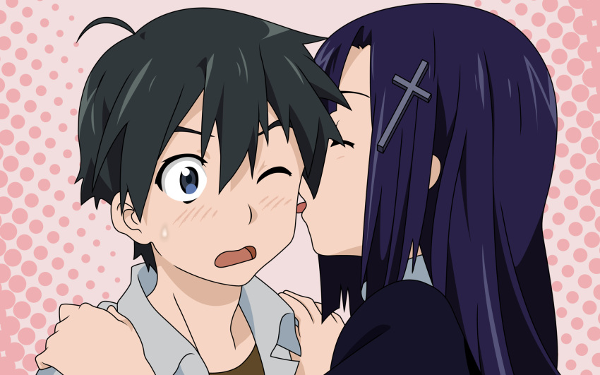 1boy 1girl black_hair blush cross highres kannagi licking mikuriya_jin open_mouth pink_background sweatdrop tagme tongue vector_trace wallpaper zange