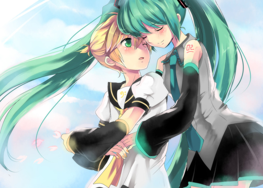 1boy 1girl aqua_hair blonde_hair blush closed_eyes couple detached_sleeves error green_eyes hatsune_miku hetero highres hikari_no hug hug_from_behind jpeg_artifacts kagamine_len long_hair nail_polish necktie petals short_hair skirt twintails very_long_hair vocaloid