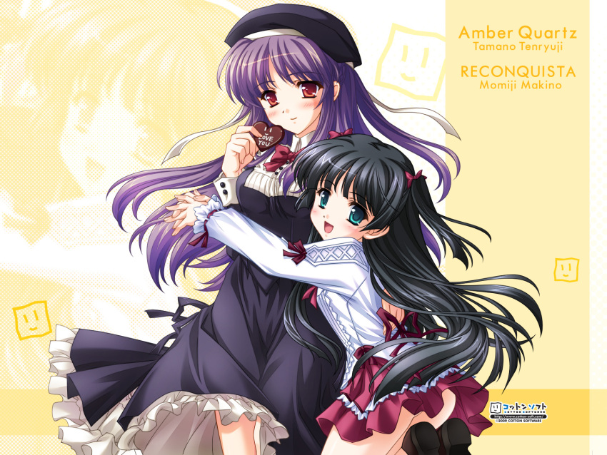 2girls amber_quartz ankoromochi aqua_eyes black_hair crossover dress hat highres loli long_hair makino_momiji multiple_girls purple_hair reconquista red_eyes tenryuji_tamano tenryuuji_tamano tsukasa_yuuki valentine wallpaper