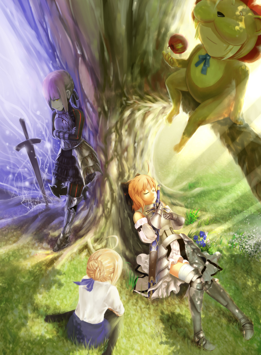 against_tree animal_costume apple armor armored_dress black_legwear black_saber blonde_hair bun caliburn closed_eyes crossed_arms dark_excalibur dress fate/stay_night fate/unlimited_codes fate_(series) food from_above fruit gauntlets greaves hair_bun highres in_tree jiemaowanwan lion_costume lying multiple_persona night no_shoes on_back planted_sword planted_weapon quadruple_persona saber saber_alter saber_lily saber_lion sitting sitting_in_tree sleeping sunbeam sunlight sword time_paradox tree under_tree wariza weapon
