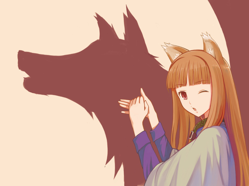 :o animal_ears bad_id bangs blunt_bangs brown_hair different_shadow hand_gesture holo long_hair red_eyes shadow shadow_puppet shadowgraphy silhouette spice_and_wolf wink wolf wolf_ears yuugiri