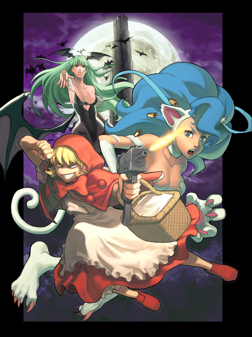 absurdres apron artist_request bat bats bulleta capcom claws clenched_hand felicia frame full_moon gun hands highres hood mac-10 mac10 machine_pistol moon morrigan_aensland multiple_girls night pantyhose paws sharp_teeth source_request submachine_gun vampire_(game) weapon