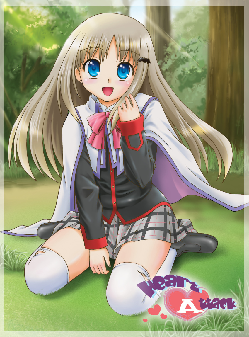 1girl blue_eyes cape fangs fujishima_shinnosuke highres little_busters! little_busters!! noumi_kudryavka open_mouth school_uniform shoes silver_hair smile thigh-highs thighhighs