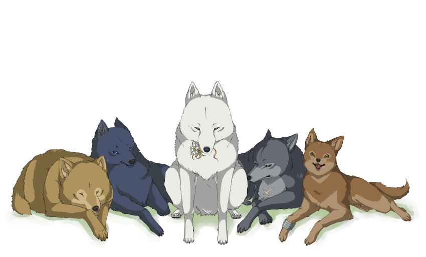 blue blue_(wolf's_rain) blue_eyes bracelet brown_eyes dog flower hige jewelry kiba lying pack_of_dogs scar shiroinu sitting toboe tongue tsume wolf wolf's_rain wolf's_rain yellow_eyes