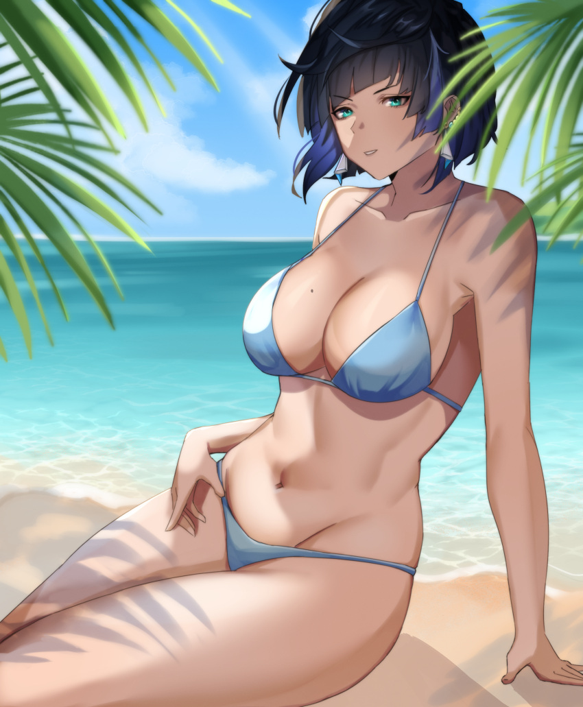 1girl absurdres aqua_eyes arm_support bangs bare_arms bare_shoulders beach bikini black_hair blue_bikini blue_hair blue_sky blunt_bangs bob_cut breasts clouds collarbone commentary day english_commentary genshin_impact gradient_hair groin highres large_breasts looking_at_viewer lulanoon mole mole_on_breast multicolored_hair navel ocean parted_lips short_hair sitting sky solo stomach swimsuit thighs water yelan_(genshin_impact)