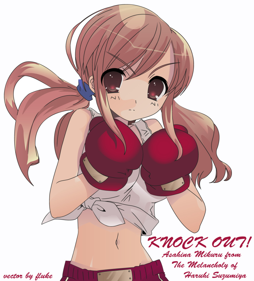 1girl asahina_mikuru boxing boxing_gloves brown_eyes brown_hair highres itou_noiji ponytail shorts solo suzumiya_haruhi_no_yuuutsu tank_top twintails vector_trace