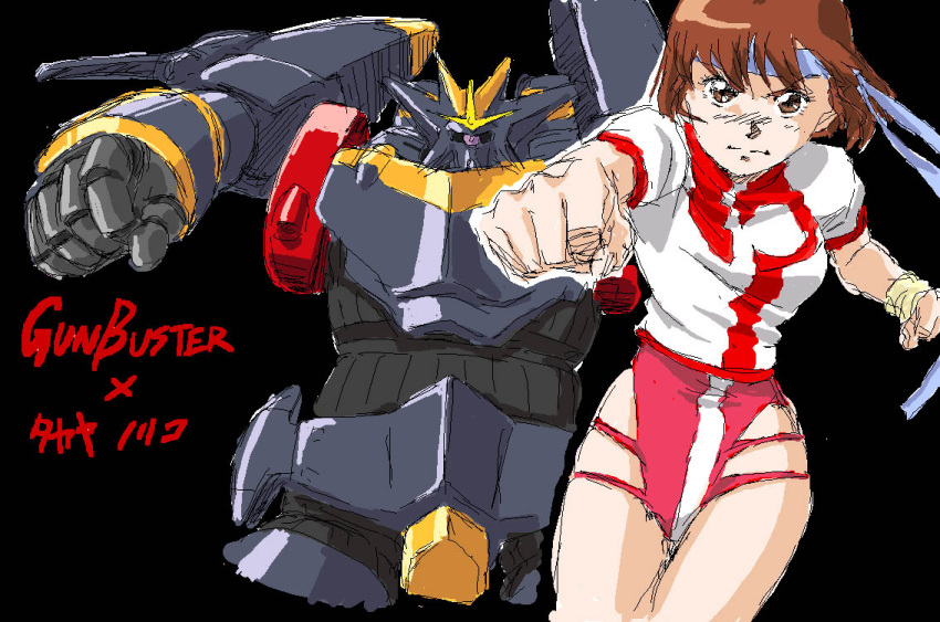 brown_eyes brown_hair clenched_hand gunbuster headband leotard mecha oekaki super_robot takaya_noriko thighs top_wo_nerae! wristband