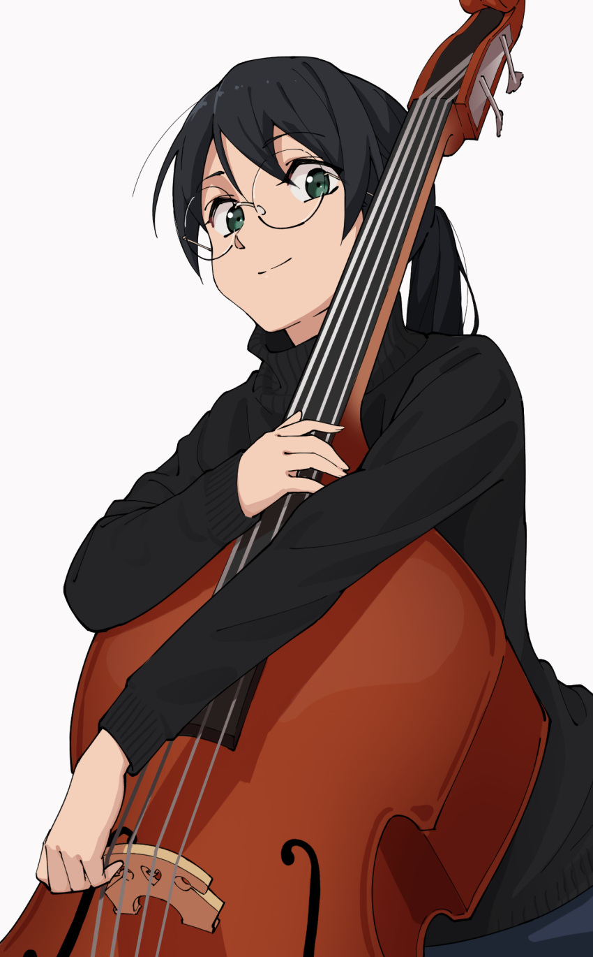 1girl black_hair black_shirt commentary double_bass glasses green_eyes highres holding holding_instrument instrument looking_at_viewer original shirt short_hair short_twintails smile solo sweater turtleneck turtleneck_sweater twintails upper_body white_background yasutange