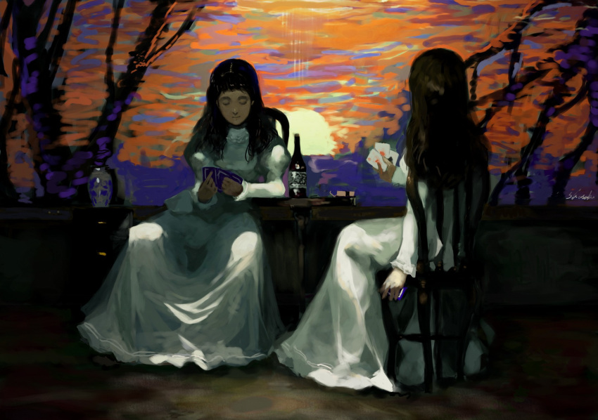 2girls card highres holding holding_card multiple_girls original painting playing_games