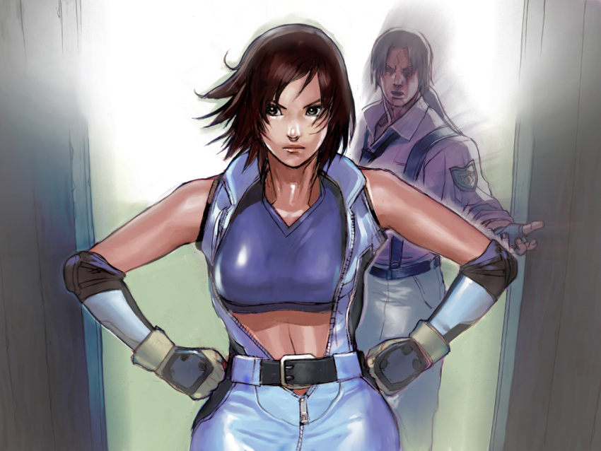 1boy 1girl artist_request bangs belt brown_eyes brown_hair clenched_hands closed_mouth crop_top door elbow_pads fingerless_gloves gloves grey_hair hands_on_hips jumpsuit kazama_asuka lei_wulong light_frown logo looking_to_the_side midriff motion_blur namco necktie no_eyes official_art outstretched_hand pants reaching shirt solo_focus stomach suspenders swept_bangs tank_top tekken unzipped zipper