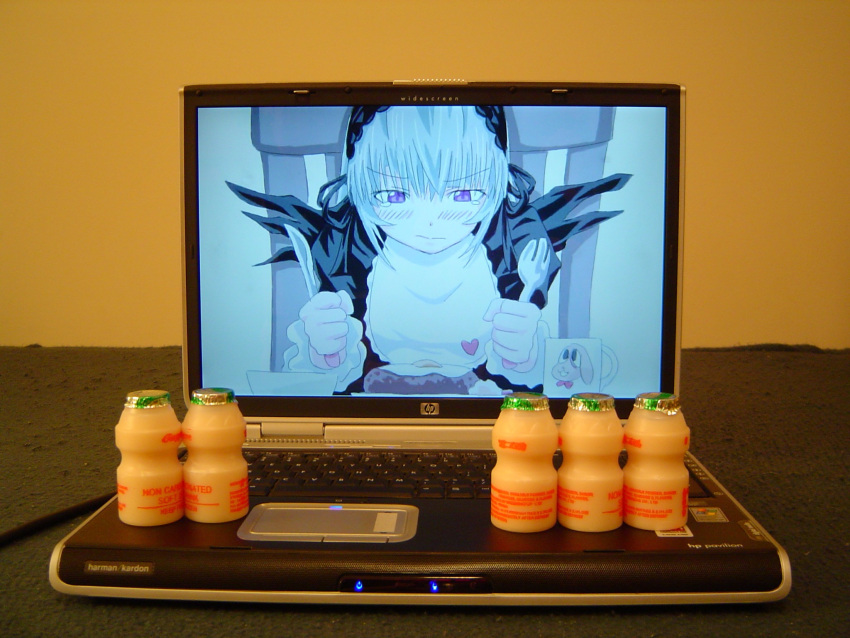 00s 1girl 2d_dating bib computer cup egg food fork hairband heart highres knife kunkun laptop lonely meal mug photo rozen_maiden silver_hair solo steak suigintou tears wings yakult