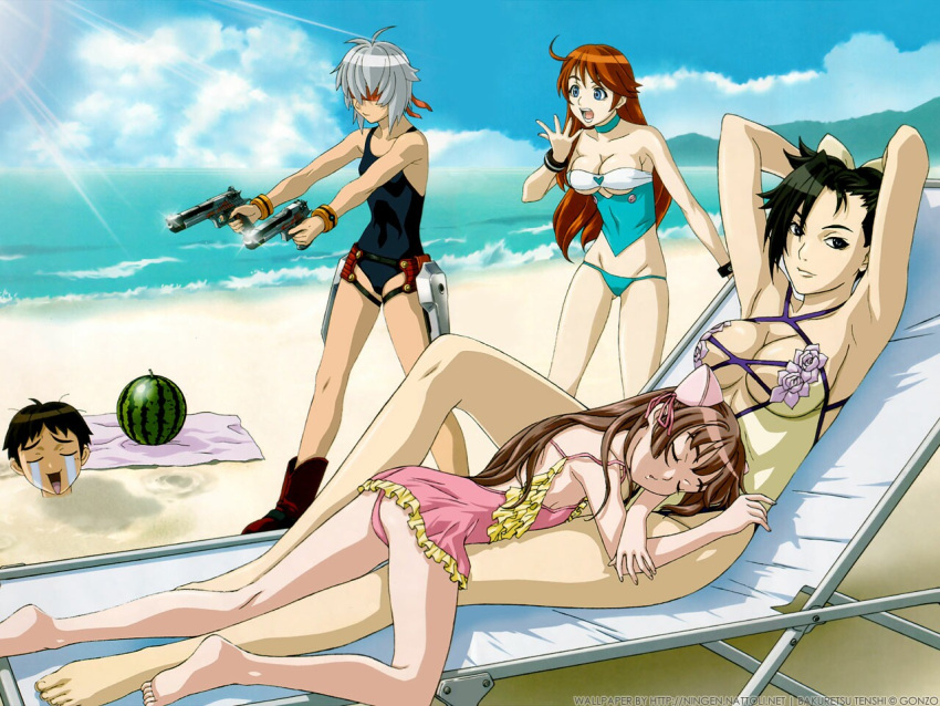 00s 1boy 4girls amy amy_(bakuretsu_tenshi) animal_ears armpits arms_up ass bakuretsu_tenshi barefoot beach bikini black_eyes black_hair blanket blindfold blue_eyes boots breasts brown_hair choker cleavage closed_eyes everyone feet flat_chest food fruit gun handgun holster jo jo_(bakuretsu_tenshi) large_breasts legs lowleg lowleg_bikini lying meg meg_(bakuretsu_tenshi) multiple_girls orange_hair pistol sei sei_(bakuretsu_tenshi) short_hair silver_hair sleeping smoke smoking_gun suikawari swimsuit tachibana_kyohei tankini tears under_boob wallpaper water watermelon weapon