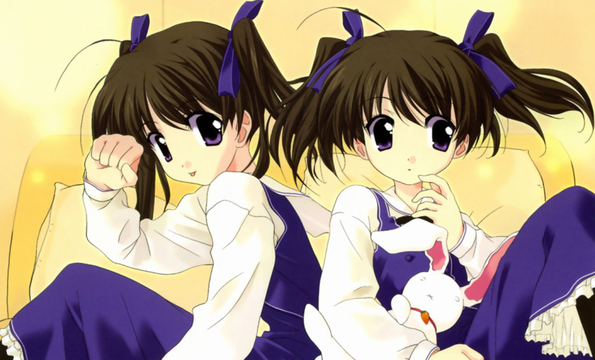 00s 2girls brown_hair futakoi hinagiku_lala hinagiku_lulu multiple_girls sasaki_mutsumi siblings sisters twins violet_eyes