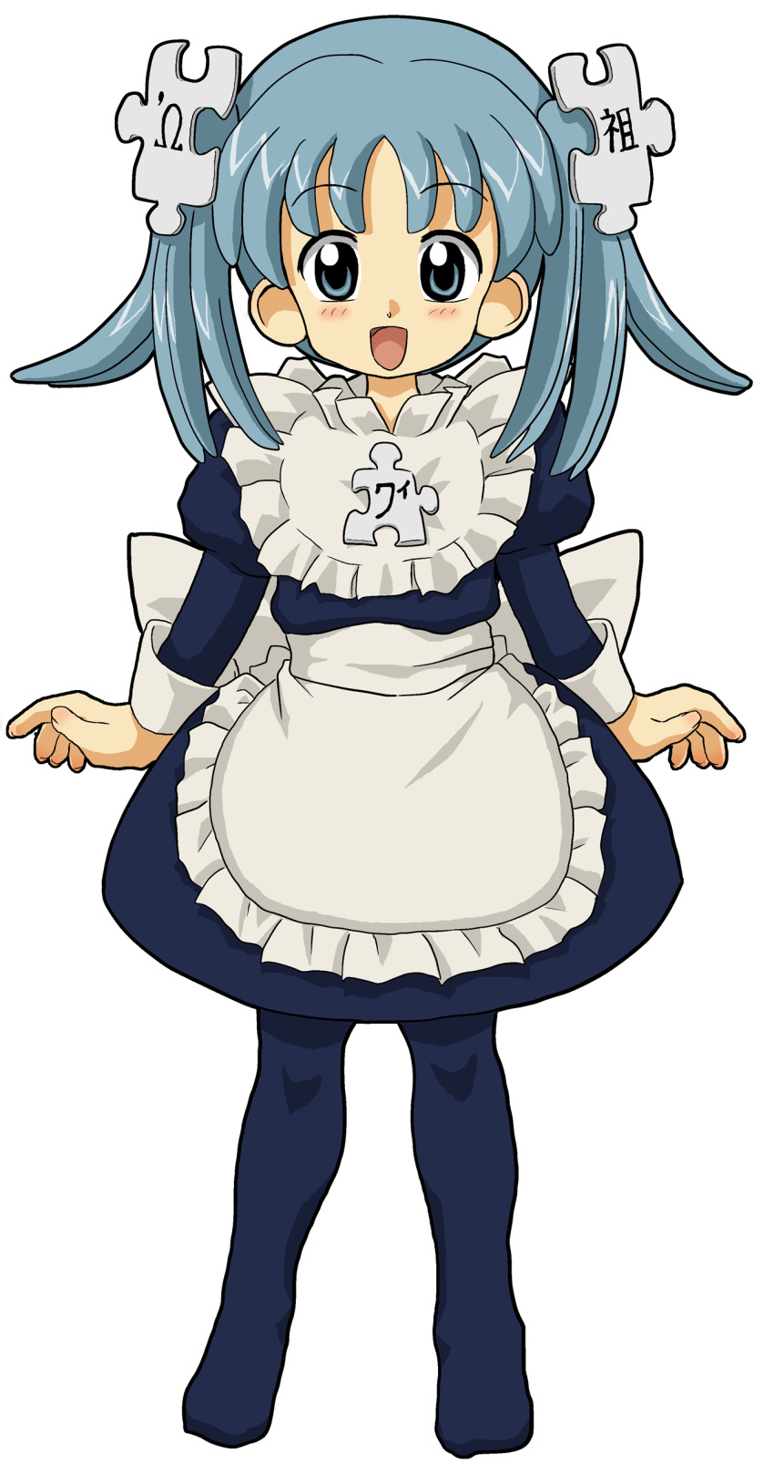 1girl :d absurdres apron bangs blue_dress blue_eyes blue_hair blue_legwear blush bow child clothes_writing dress fingernails flat_chest flipped_hair frilled_apron frills full_body hair_ornament happy highres juliet_sleeves kasuga39 long_fingernails long_sleeves looking_at_viewer maid maid_apron no_shoes open_mouth pantyhose parted_bangs puffy_long_sleeves puffy_sleeves short_dress short_hair short_twintails simple_background sleeve_cuffs smile solo standing twintails waist_apron white_background wikipe-tan wikipedia