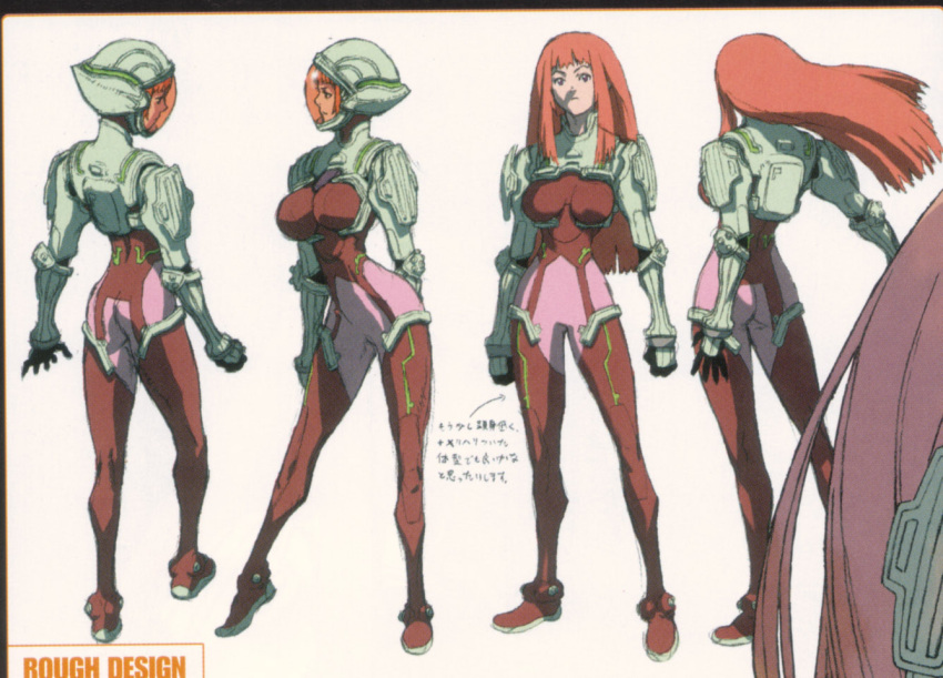 00s 1girl arched_back arm_behind_back armor ass bangs blunt_bangs bodysuit breasts character_sheet directional_arrow english floating_hair from_behind helmet ken_marinaris large_breasts long_hair looking_at_viewer looking_away masao_tsubasa official_art pilot_suit profile redhead scan sidelocks simple_background sketch standing tiptoes transparent turnaround violet_eyes visor white_background zoe2 zone_of_the_enders zone_of_the_enders_2