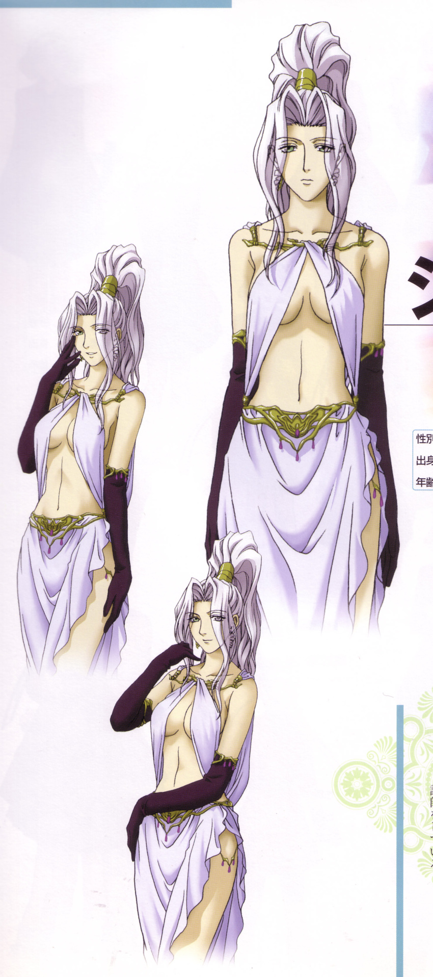 1girl 90s absurdres arm_up bare_shoulders breasts center_opening character_sheet cleavage closed_mouth collarbone dress earrings elbow_gloves eye_visible_through_hair female gensou_suikoden gensou_suikoden_i gensou_suikoden_ii gensou_suikogaiden gloves green_eyes hair_ornament hair_over_one_eye hand_on_own_cheek hand_on_own_face high_ponytail highres jeane jewelry large_breasts long_hair long_legs midriff no_bra official_art parted_bangs ponytail rhapsodia scan side_slit silver_hair slender_waist smile standing thighs wavy_hair white_dress yashioka_shou