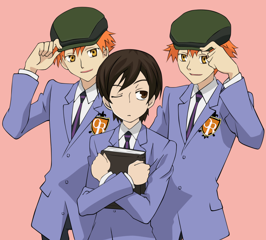 1girl 2boys androgynous blazer book brothers crossdressinging fujioka_haruhi highres hitachiin_hikaru hitachiin_kaoru multiple_boys necktie one_eye_closed ouran_high_school_host_club reverse_trap school_uniform siblings simple_background trap twins vector_trace