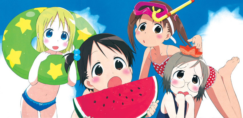 4girls ana_coppola bikini blonde_hair blue_eyes blush child food fruit glasses goggles highres ichigo_mashimaro innertube itou_chika long_hair matsuoka_miu multiple_girls one-piece_swimsuit polka_dot sakai_kyuuta sakuragi_matsuri school_swimsuit snorkel swimsuit twintails watermelon