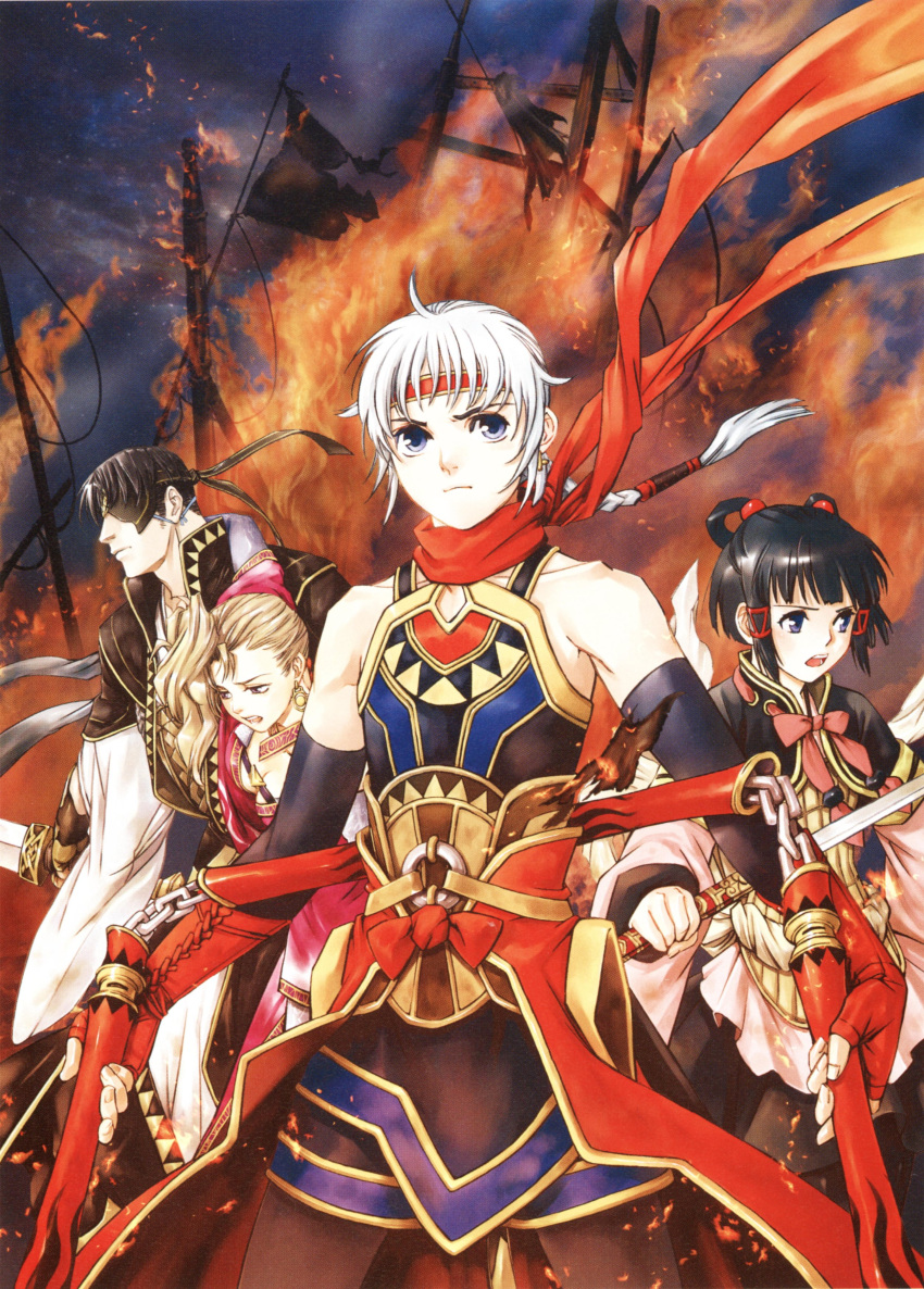 2boys 2girls absurdres armor bangs black_hair blonde_hair blue_eyes blunt_bangs bow bowtie braid earrings elbow_gloves eyepatch fighting_stance fingerless_gloves fire flat_chest freyjadour_falenas frown fujita_kaori gensou_suikoden gensou_suikoden_v georg_prime gloves hair_ornament headband highres japanese_clothes jewelry long_hair lyon multiple_boys multiple_girls nagimaki night night_sky official_art open_mouth outdoors polearm sash scan scarf short_hair short_twintails sialeeds_falenas single_braid sky standing sword three_section_staff twintails violet_eyes wavy_hair weapon white_hair