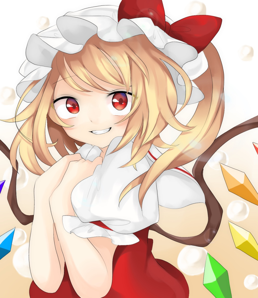 1girl bangs blonde_hair bow brown_background bubble bubble_background crystal dress eyebrows_visible_through_hair eyes_visible_through_hair flandre_scarlet gradient gradient_background hands_together hands_up hat highres hyaku_paasento looking_at_viewer ponytail red_bow red_dress red_eyes red_ribbon ribbon short_hair short_sleeves smile solo teeth the_embodiment_of_scarlet_devil touhou white_background white_headwear white_sleeves wings