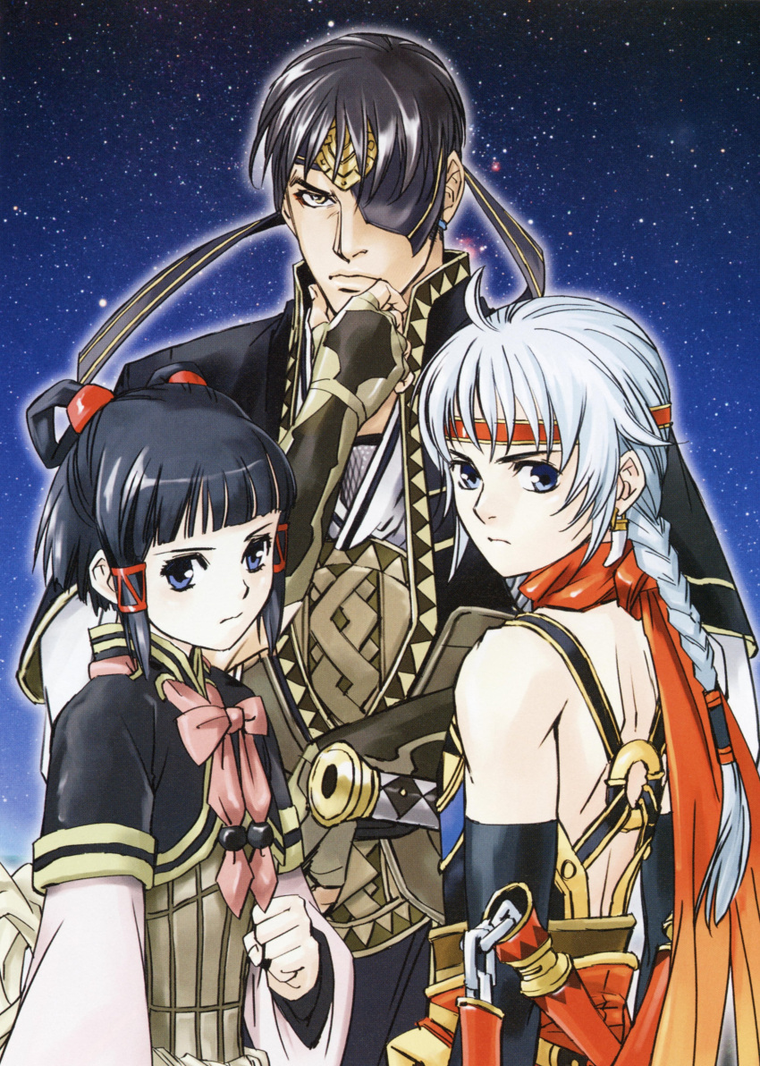 1girl 2boys absurdres back bangs black black_hair blue_eyes blunt_bangs bow bowtie braid capelet chin_grab clenched_hand earrings elbow_gloves eyepatch fingerless_gloves flat_chest freyjadour_falenas from_behind frown fujita_kaori gensou_suikoden gensou_suikoden_v georg_prime gloves glowing hair_ornament headband highres japanese_clothes jewelry long_hair lyon multiple_boys night night_sky official_art outdoors robe scan scarf short_hair short_twintails single_braid sky standing sword twintails weapon white_hair yellow_eyes