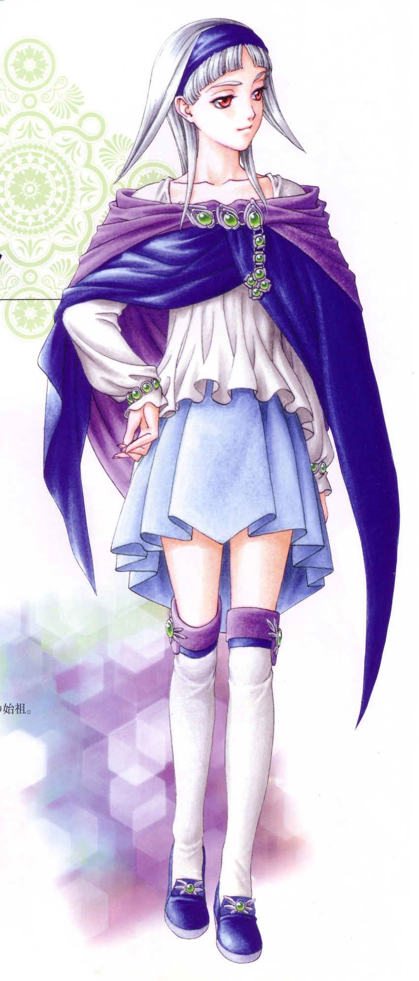 1girl absurdres bangs blouse blue_skirt blunt_bangs bracelet brooch cloak closed_mouth collarbone full_body gensou_suikoden gensou_suikoden_ii gensou_suikogaiden hairband hand_on_hip highres ishikawa_fumi jewelry long_sleeves looking_to_the_side off_shoulder official_art parted_bangs pleated_skirt red_eyes scan shoes short_hair sierra_mikain silver_hair skirt smile solo standing thigh-highs vampire white_blouse white_legwear zettai_ryouiki