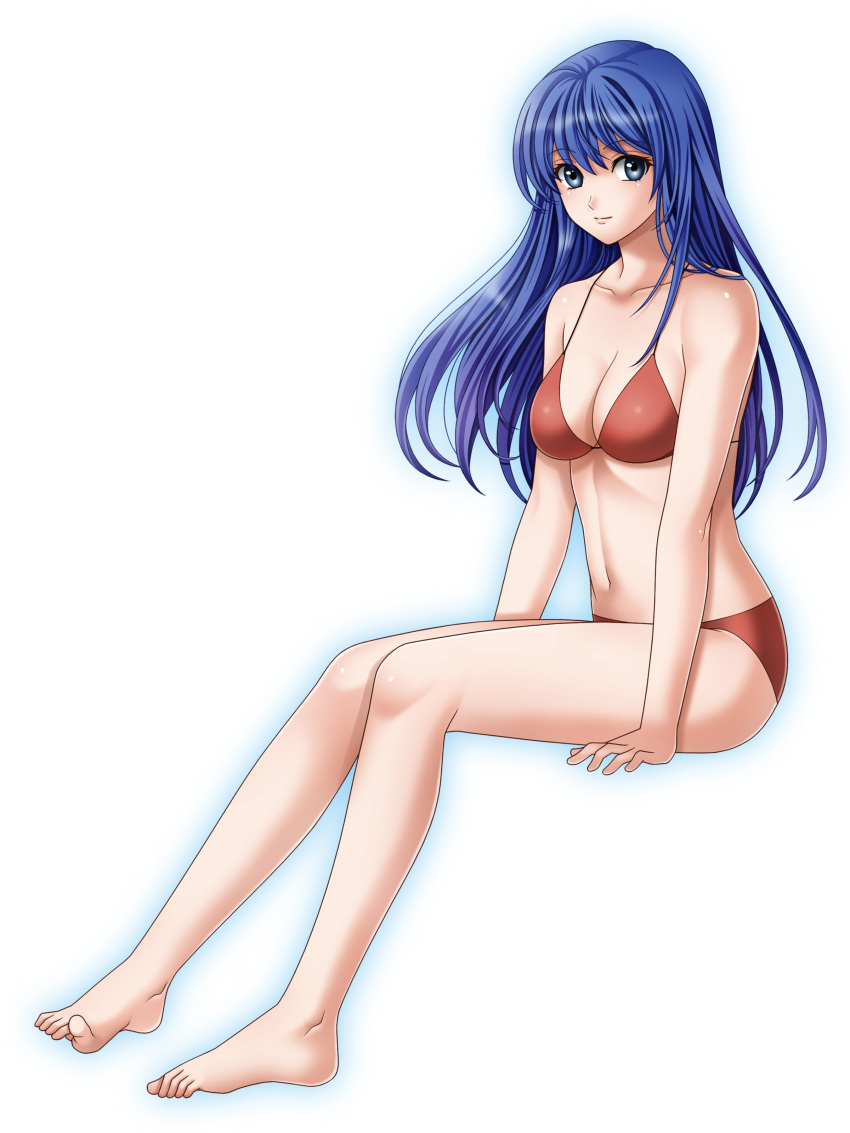 1girl barefoot bikini blue_eyes blue_hair breasts caeda_(fire_emblem) cute fire_emblem fire_emblem:_mystery_of_the_emblem fire_emblem:_shadow_dragon fire_emblem:_shin_ankoku_ryuu_to_hikari_no_tsurugi fire_emblem_mystery_of_the_emblem intelligent_systems long_hair looking_at_viewer navel nintendo parted_lips red_bikini sheeda simple_background sitting solo swimsuit tamamon