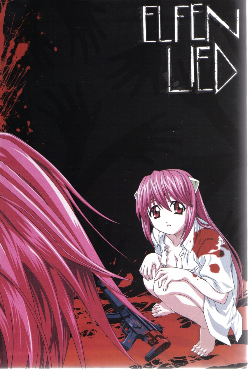 00s 1girl barefoot blood breasts cleavage elfen_lied feet gun highres horns long_hair lucy nyuu open_clothes open_mouth open_shirt pink_eyes pink_hair rifle scan shirt squatting very_long_hair weapon