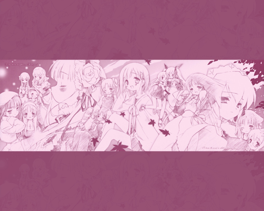 6+girls beret blush character_request closed_eyes crossover everyone flower gayarou glasses hair_flower hair_ornament hat kotonomiya_yuki kousaka_alice kousaka_maria leaf maid makino_nanami miyashiro_karin monochrome multiple_girls nun one_eye_closed patterned_legwear purple rose shinjou_izumi striped striped_legwear suigetsu thigh-highs twintails wallpaper wink yamato_suzuran