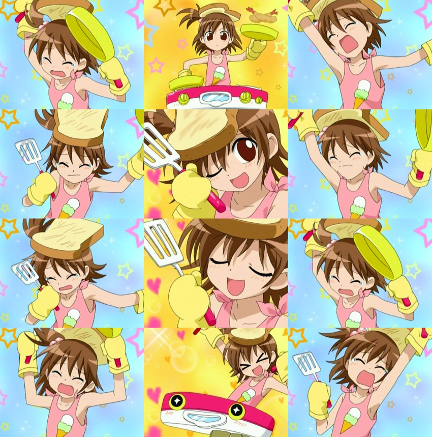 1girl :d :o ;d armpits brown_eyes brown_hair closed_eyes frying_pan highres one_eye_closed onegai_my_melody open_mouth outstretched_arms sanrio screencap shirt sleeveless sleeveless_shirt smile tank_top tears toast upper_body wince yumeno_koto