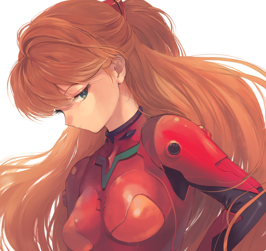 1girl blue_eyes bodysuit breasts expressionless eyelashes from_side half-closed_eyes hand_on_hip highres long_hair looking_at_viewer neon_genesis_evangelion plugsuit redhead simple_background solo souryuu_asuka_langley surumeri_(baneiro) upper_body white_background