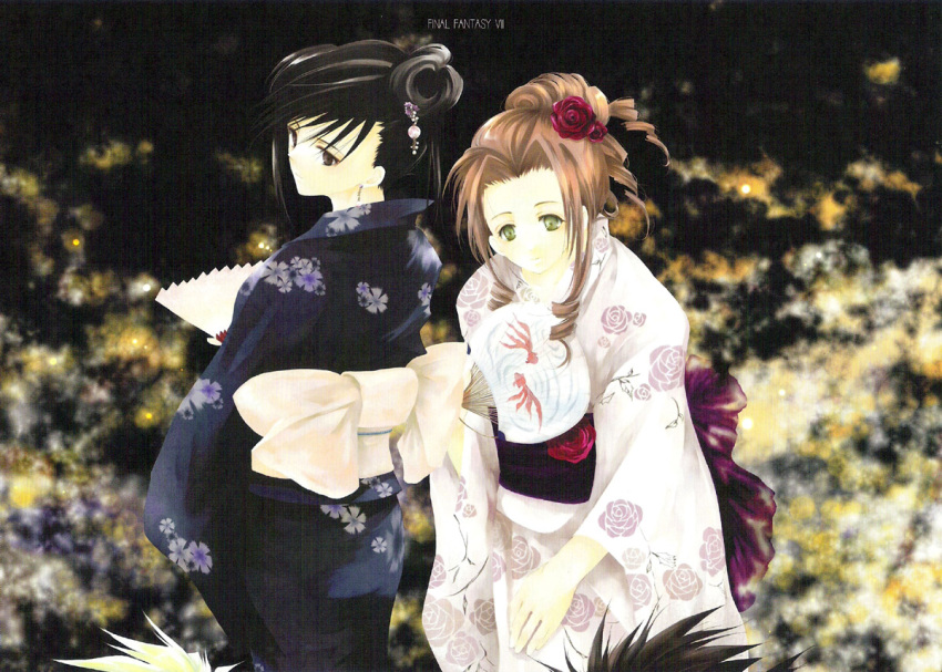 2boys 2girls aerith_gainsborough alternate_costume black_hair brown_eyes brown_hair cloud_strife fan final_fantasy final_fantasy_vii floral_print flower folding_fan green_eyes hair_flower hair_ornament japanese_clothes kimono long_sleeves multiple_boys multiple_girls nomura_tetsuya obo paper_fan ponytail sash short_hair tifa_lockhart uchiwa wide_sleeves yukata zack_fair