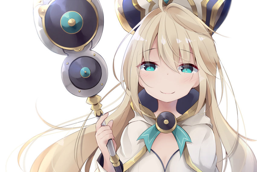 1girl aqua_eyes bangs blonde_hair blush capelet character_request chunithm closed_mouth commentary_request dress eyebrows_visible_through_hair hair_between_eyes hat head_tilt highres holding holding_staff kyuukon_(qkonsan) long_hair long_sleeves looking_at_viewer simple_background smile solo staff white_background white_capelet white_dress
