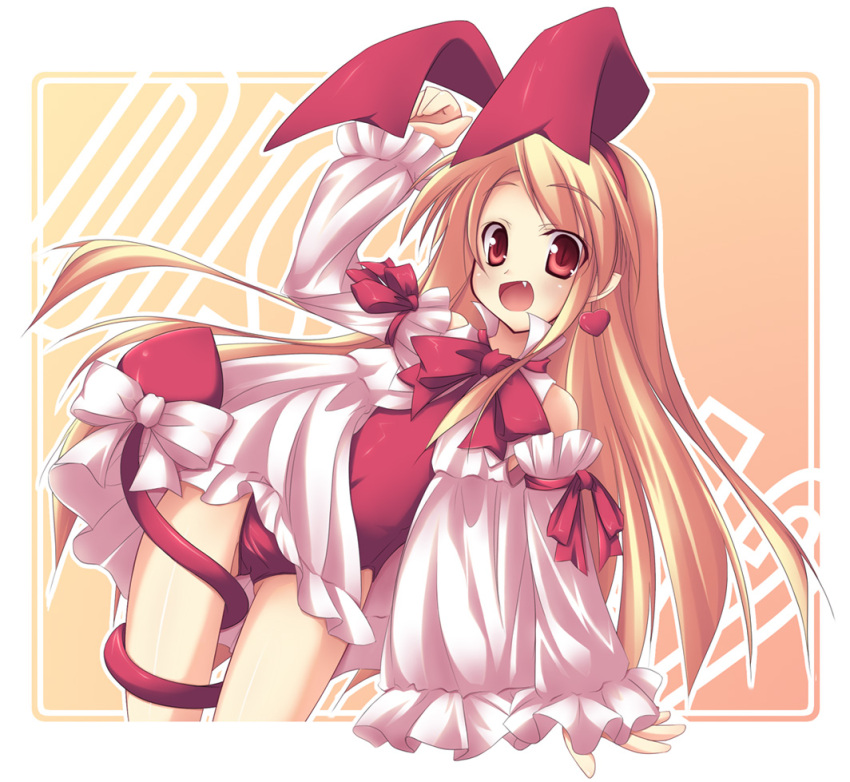 1girl :d arm_ribbon bangs bare_shoulders between_legs blonde_hair bodysuit bow clenched_hand copyright_name covered_navel cowboy_shot demon_tail detached_sleeves disgaea dress dutch_angle earrings fallen_angel fang flat_chest flonne flonne_(fallen_angel) frame frills gradient gradient_background hair_ribbon hairband hand_up happy heart heart_earrings jewelry large_bow leaning leotard long_hair looking_at_viewer makai_senki_disgaea neck_ribbon nippon_ichi open_clothes open_dress open_mouth orange_background outline outside_border parted_bangs pointy_ears red_eyes red_ribbon ribbon shimakaze short_dress sidelocks sleeves_past_wrists slit_pupils smile solo tail tail_between_legs tail_bow tail_ribbon tail_wrap very_long_hair white_bow white_dress