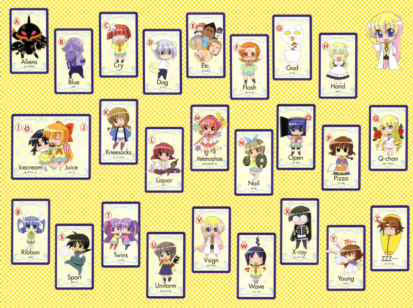 4boys 6+girls alphabet card card_(medium) english highres multiple_boys multiple_girls pani_poni_dash!