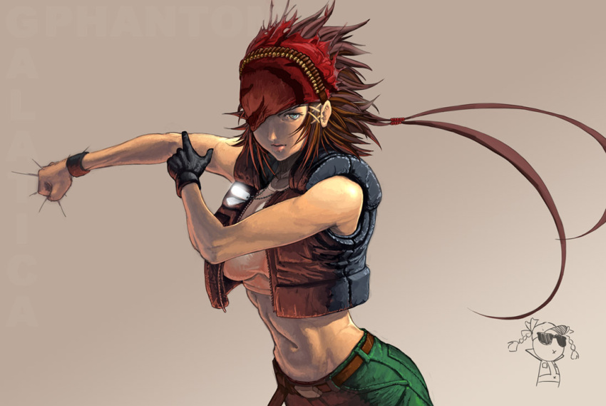 1boy 1girl bandanna belt blue_eyes braid brown_hair clark_still genderswap gloves king_of_fighters midriff navel nekkeau ralf_jones sleeveless snk solo_focus split_ponytail sunglasses tank_top the_king_of_fighters twin_braids vest