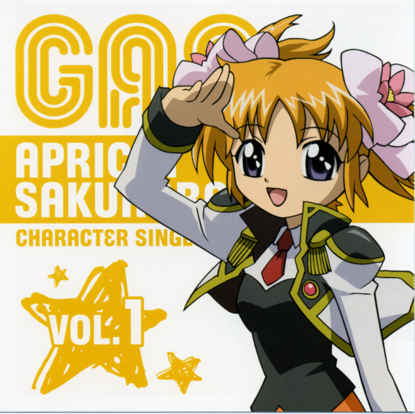 00s 1girl album_cover apricot_sakuraba bangs blonde_hair broccoli_(company) character_name cover english flower galaxy_angel galaxy_angel_rune hair_flower highres looking_at_viewer necktie orange_hair puffy_sleeves ribbon salute short_hair short_twintails smile solo star twintails uniform
