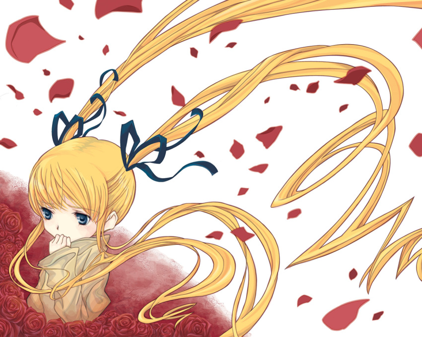 00s 1girl blonde_hair bow flower hair_bow long_hair otoufu petals red_rose rose rose_petals rozen_maiden shinku solo twintails white_background