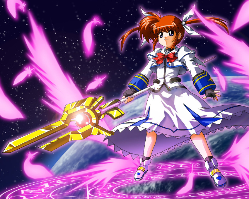 1girl black_gloves blue_eyes bow capelet clenched_hands determined expressionless feathers fingerless_gloves floating full_body gloves holding holding_weapon long_sleeves lyrical_nanoha magazine_(weapon) magic_circle magical_girl mahou_shoujo_lyrical_nanoha mahou_shoujo_lyrical_nanoha_a's planet polearm raising_heart red_bow redhead shoes solo space takamachi_nanoha twintails uniform violet_eyes weapon white_devil winged_shoes wings