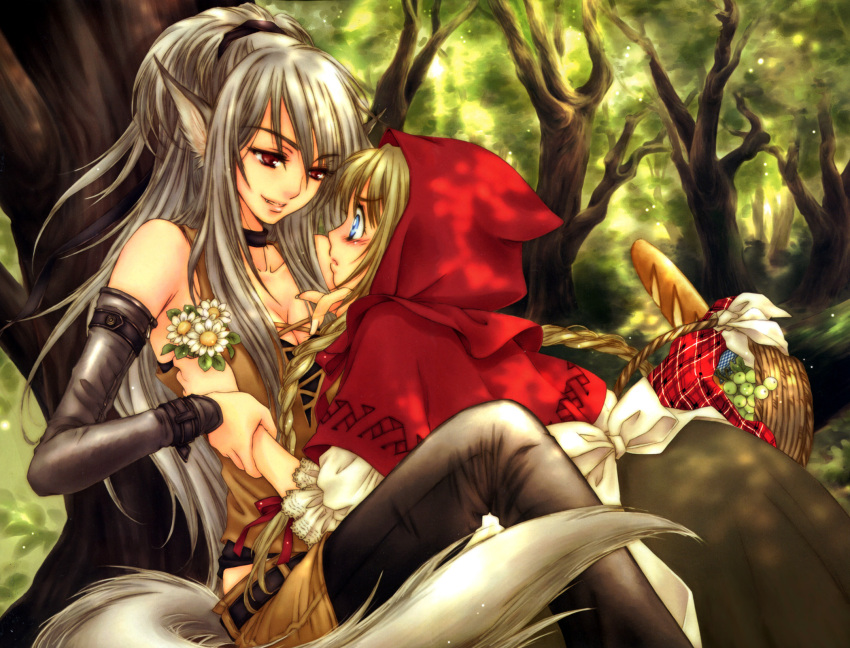 2girls age_difference animal_ears big_bad_wolf_(grimm) blonde_hair blue_eyes blush braid elbow_gloves eye_contact fang flower gloves grey_hair grimm's_fairy_tales highres lips little_red_riding_hood little_red_riding_hood_(grimm) long_hair looking_at_another monster_girl multiple_girls naughty_face red_eyes sakura_shio tail thigh-highs wolf_ears wolf_tail yuri