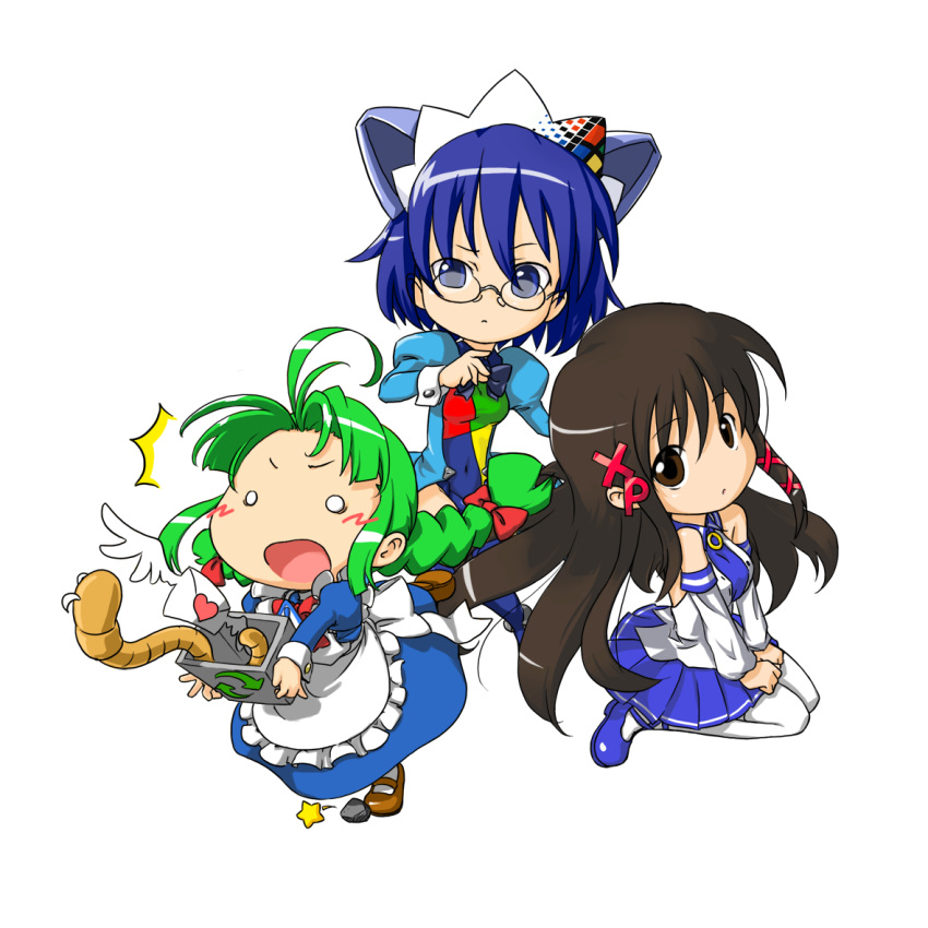 2k-tan 3girls ahoge blue_eyes blue_hair blue_skirt braid chibi green_hair letter love_letter me-tan multiple_girls os-tan recycle_bin skirt tripping twin_braids windows worms xp-tan