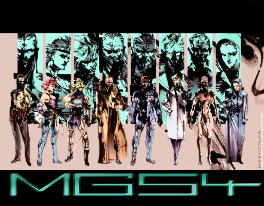 3girls 6+boys big_boss cyborg hal_emmerich highres konami liquid_ocelot meryl_silverburgh metal_gear_(series) metal_gear_solid_4 mgs4 multiple_boys multiple_girls naomi_hunter ocelot old_snake raiden revolver_ocelot shinkawa_youji sketch snake solid_snake vamp